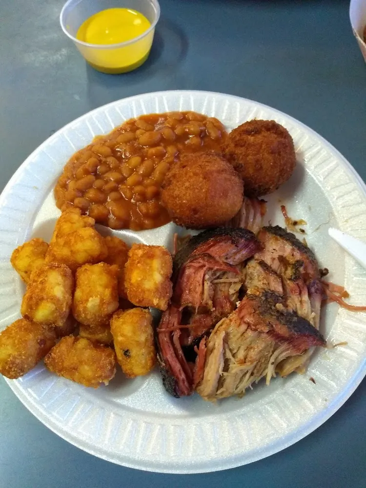 Small Pulled BBQ Plate with Baked Beans and Tater Tots and Roll with Hush Puppies